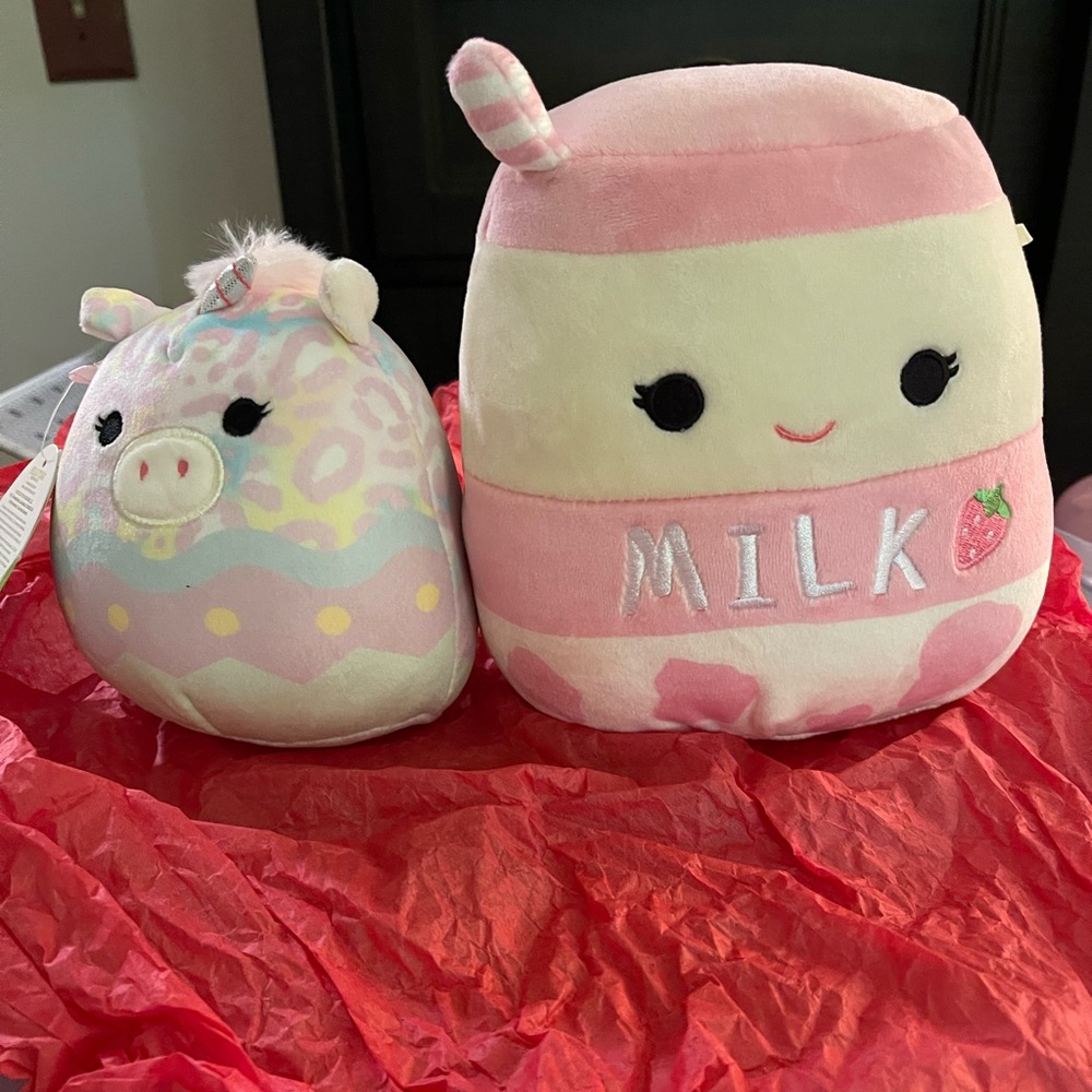 Set of 2, Squishmallow 5” Rainbow Unicorn “Bexley” Easter & 8” Milk Squishmallow